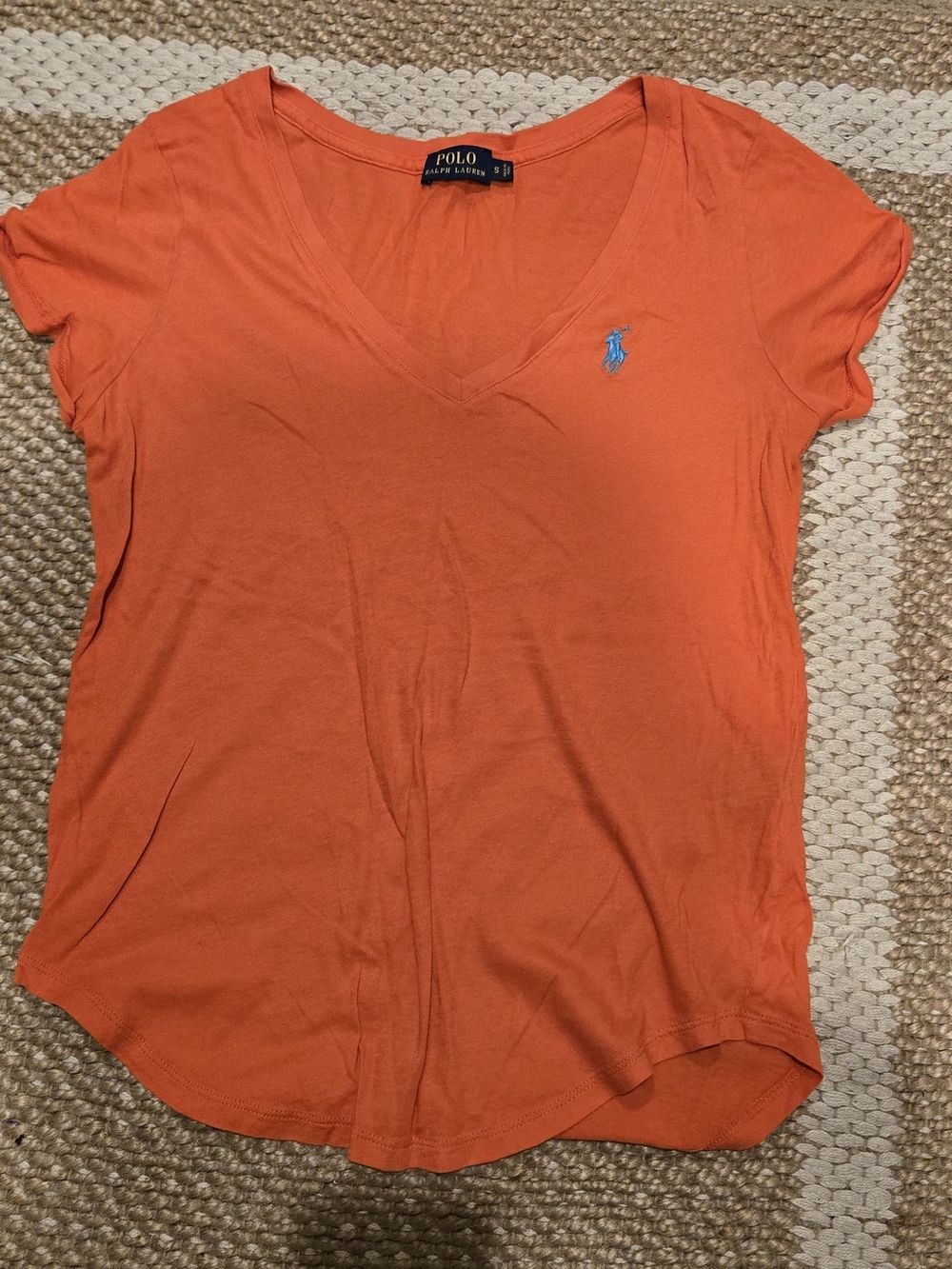 Ralph Lauren Orange V-Neck Polo Tee with Blue Pony